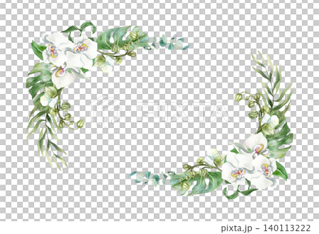 White orchid text template. Delicate flowers and tropical green leaves. Hand drawn watercolor illustration, isolated. Suitable for wedding invitations, cards, spa certificates and cosmetic labels White orchid text template. Delicate flowers and tropical green leaves. Hand drawn watercolor illustration, isolated. Suitable for wedding invitations, cards, spa certificates and cosmetic labels 140113222