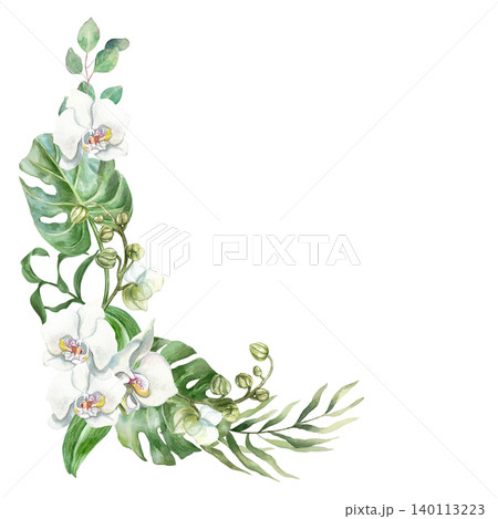 White orchids decorate the side. Delicate flowers and tropical green leaves. Hand drawn watercolor illustration, isolated. Suitable for wedding invitations, cards, spa banners and cosmetic labels 140113223