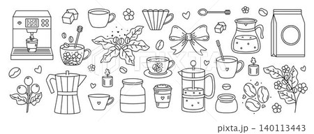 Coffee doodle line set with cozy cafe elements and cute beverage icons. Vector collection featuring brewing accessories, takeaway cups, coffee beans, desserts and decorative details Coffee doodle line set with cozy cafe elements and cute beverage icons. Vector collection featuring brewing accessories, takeaway cups, coffee beans, desserts and decorative details 140113443