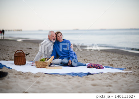 Senior couple in love having romantic picnic on beach by sea. Senior couple in love having romantic picnic on beach by sea. 140113627