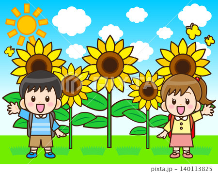 夏のひまわり畑と子供のイラスト素材 夏のひまわり畑と子供のイラスト素材 140113825