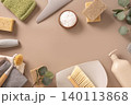Eco cleaning supplies frame on beige background with copy space 140113868
