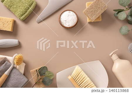 Eco cleaning supplies frame on beige background with copy space Eco cleaning supplies frame on beige background with copy space 140113868