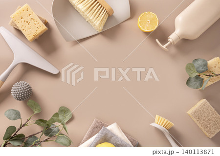 Eco cleaning supplies arranged on beige background with copy space 140113871