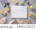 Eco cleaning supplies around marble board mockup 140113872
