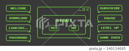Retro y2k collection with pixelated frame. 8 bit acid green game style message box or chat balloon. Vector set on black Retro y2k collection with pixelated frame. 8 bit acid green game style message box or chat balloon. Vector set on black 140114085