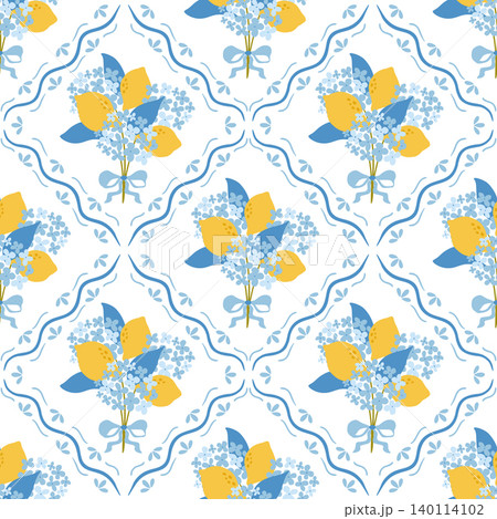 Italian summer seamless pattern. Vector la dolce vita design, floral bouquet of hydrangeas lemons, Mediterranean tile Italian summer seamless pattern. Vector la dolce vita design, floral bouquet of hydrangeas lemons, Mediterranean tile 140114102
