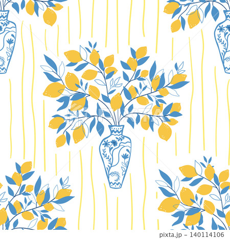 Italian summer seamless pattern. La Dolce Vita lemons bouquet on yellow striped background. Vector Mediterranean vibes 140114106