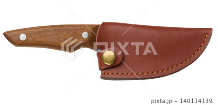 Hunting knife with wooden handle in leather brown sheath, tourist blade in case Hunting knife with wooden handle in leather brown sheath, tourist blade in case 140114139