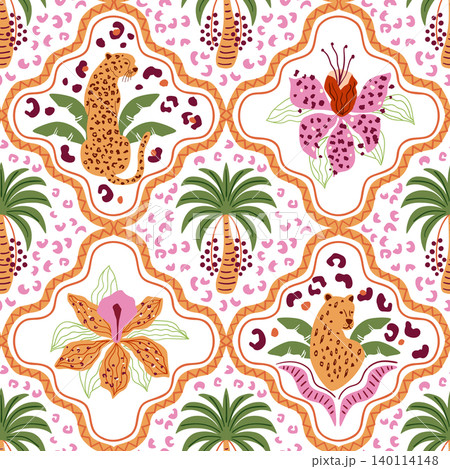 Tropical floral geometric seamless pattern with jungle flowers, palm tree, leopard. Vector summer beach print 140114148