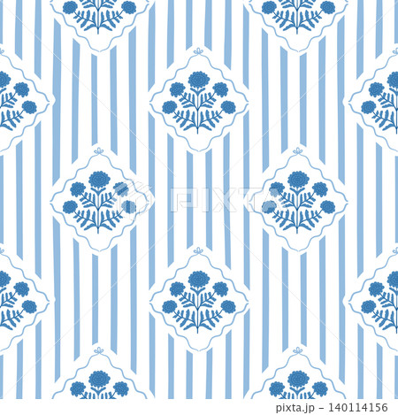 Blue floral block print seamless pattern. Vector striped summer garden damask geometry ornament for textile, wallpaper. 140114156