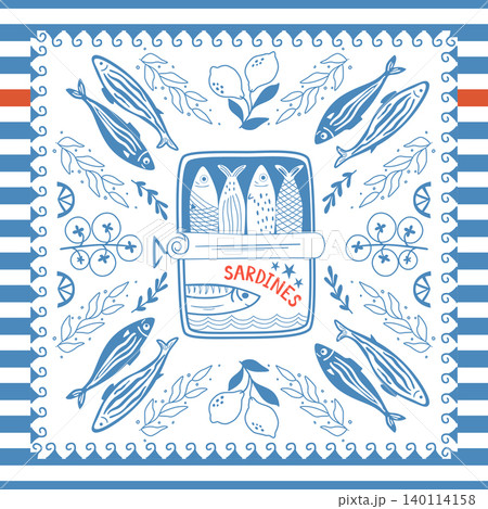 Blue Portuguese sardines tile, scarf, square seamless pattern with sea fish, stripes. Vector coastal wallpaper. Blue Portuguese sardines tile, scarf, square seamless pattern with sea fish, stripes. Vector coastal wallpaper. 140114158