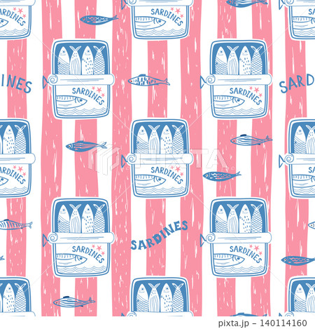 Retro canned sardines, pink stripes seamless pattern. Hand drawn summer beach textile, background, wallpaper, print Retro canned sardines, pink stripes seamless pattern. Hand drawn summer beach textile, background, wallpaper, print 140114160