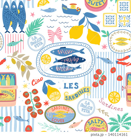 La dolce vita seamless pattern decorated canned sardines, tomatoes, lemons stripes. Vector summer design 140114161