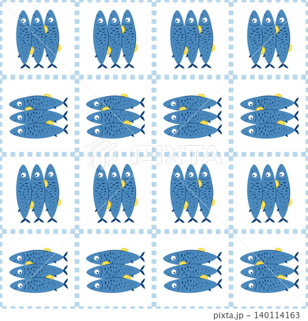 Checkered sardines seamless pattern. Summer sea fish vector wallpaper, blue nautical background Checkered sardines seamless pattern. Summer sea fish vector wallpaper, blue nautical background 140114163