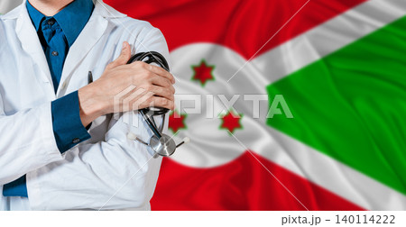 Doctor with stethoscope on Burundi flag. Doctor holding stethoscope on Burundi flag Doctor with stethoscope on Burundi flag. Doctor holding stethoscope on Burundi flag 140114222