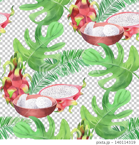 Seamless pattern of the pitahaya, bowl, palm and monstera leaves. Watercolor illustration. Handmade art work. For packaging design, cards, cover, prints, product labels and fabric Seamless pattern of the pitahaya, bowl, palm and monstera leaves. Watercolor illustration. Handmade art work. For packaging design, cards, cover, prints, product labels and fabric 140114319