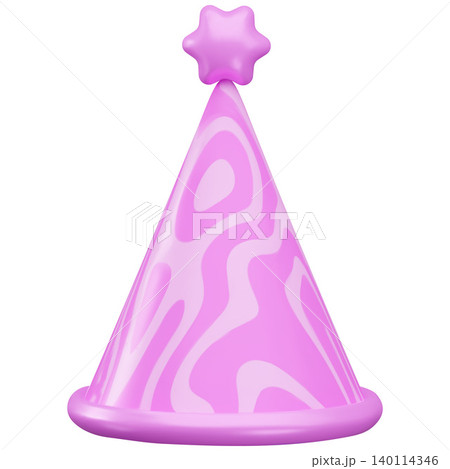 Birthday party hat 3D cartoon plastic style vector icon, realistic festive fun cone hat with pink wavy pattern and star 140114346