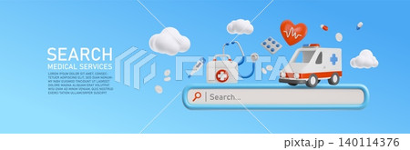 A banner with a 3D search bar, ambulance, first aid kit, medical supplies, and a thermometer A banner with a 3D search bar, ambulance, first aid kit, medical supplies, and a thermometer 140114376