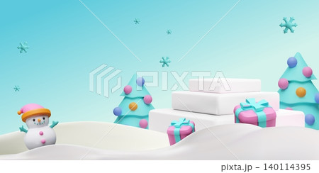 A 3D podium with a snowman, decorated Christmas trees, and gifts against a winter background. 140114395