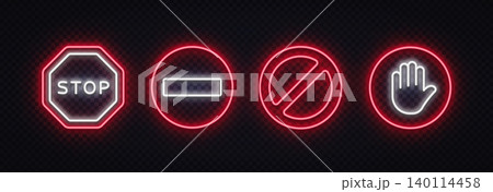 Neon stop and no-entry symbols with octagon, minus sign, prohibition circle, and raised hand. Bright warning icons for restrictions and access control. Neon stop and no-entry symbols with octagon, minus sign, prohibition circle, and raised hand. Bright warning icons for restrictions and access control. 140114458