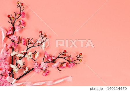 Still life with beautiful blooming sakura branches, Spring abstract flower arrangement, banner for screen with space for text. Greeting card for mother's day, women's day, happy birthday, wedding Still life with beautiful blooming sakura branches, Spring abstract flower arrangement, banner for screen with space for text. Greeting card for mother's day, women's day, happy birthday, wedding 140114470