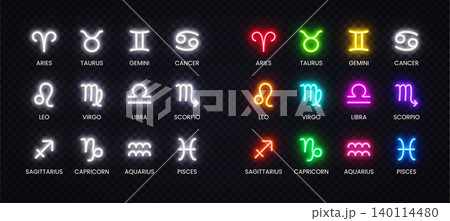 Neon zodiac symbols set with colorful glowing effect on dark backdrop. Astrology collection for horoscope design, celestial branding and mystical artwork. Neon zodiac symbols set with colorful glowing effect on dark backdrop. Astrology collection for horoscope design, celestial branding and mystical artwork. 140114480