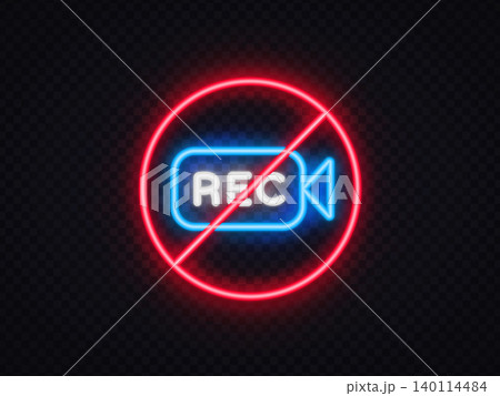 No recording neon sign with camera symbol and prohibition mark. Bright video restriction icon for privacy policy, streaming control, security interface and online meeting apps. No recording neon sign with camera symbol and prohibition mark. Bright video restriction icon for privacy policy, streaming control, security interface and online meeting apps. 140114484