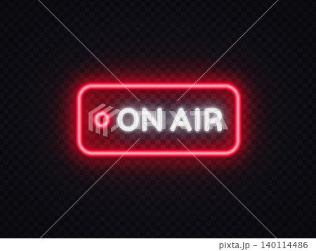Neon On Air sign with glowing red frame and white lettering. Retro broadcast label for podcast studio, radio stream, live show and media production branding. 140114486