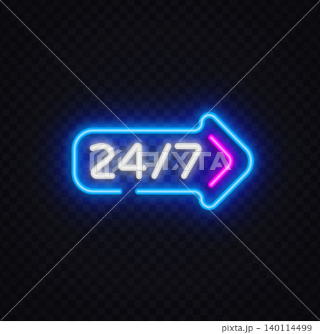 Neon 24 7 arrow icon with futuristic glow on dark background. Bright symbol for nonstop delivery, online support or digital service. Neon 24 7 arrow icon with futuristic glow on dark background. Bright symbol for nonstop delivery, online support or digital service. 140114499