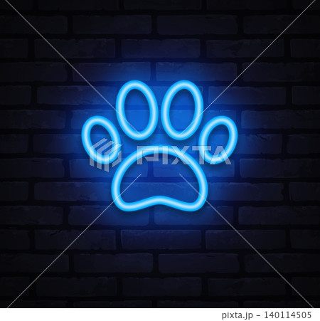 Bright neon paw print icon on brick wall. Pet care and animal footprint symbol for veterinary, adoption, and dog services. Bright neon paw print icon on brick wall. Pet care and animal footprint symbol for veterinary, adoption, and dog services. 140114505