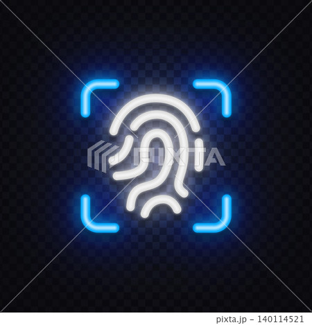 Glowing fingerprint scan icon in neon style. Biometric authentication and identity verification symbol for security, access control, and digital protection. 140114521