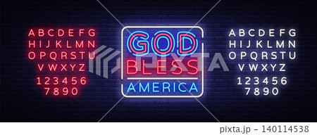 God bless America neon vector sign. USA symbol banner light, bright night Illustration. Vector illustration. Editing text neon sign 140114538