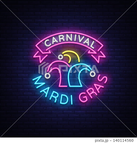 Mardi Gras vector symbol with holiday greetings, festive card. Fat Tuesday, festive illustration in neon style, luminous banner, neon sign, bright billboard. Design a template for a carnival Mardi Gras vector symbol with holiday greetings, festive card. Fat Tuesday, festive illustration in neon style, luminous banner, neon sign, bright billboard. Design a template for a carnival 140114560