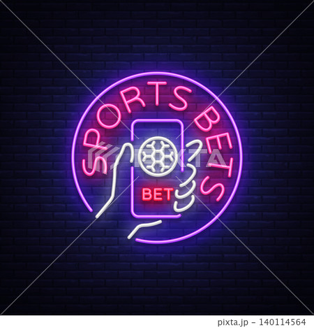 Sports betting is a neon sign. Design template, Neon style logo, bright banner, night advertising for your projects, smartphone in your hand, online betting on football. Vector illustration Sports betting is a neon sign. Design template, Neon style logo, bright banner, night advertising for your projects, smartphone in your hand, online betting on football. Vector illustration 140114564