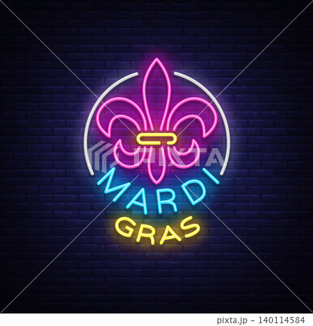 Mardi Grav is a neon sign. Bright glowing banner, luminous sign, bright neon billboard, night neon advertising of carnival. Fat Tuesday Design template, greeting card, flyer. Vector illustration Mardi Grav is a neon sign. Bright glowing banner, luminous sign, bright neon billboard, night neon advertising of carnival. Fat Tuesday Design template, greeting card, flyer. Vector illustration 140114584