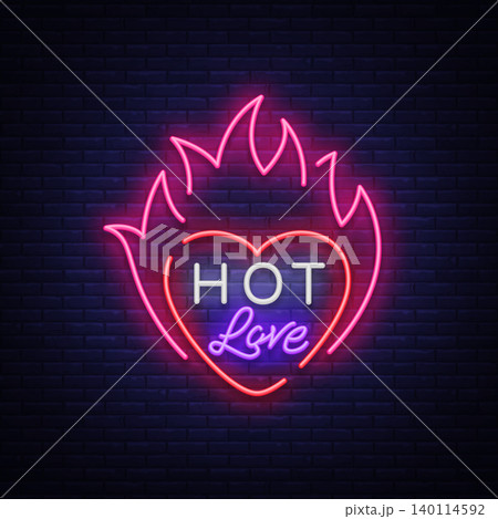 Hot love symbol for Valentine s day. Neon sign, bright banner, night whiteboard. Advertising for Valentine s Day, design template for invitations, greetings, ribbons. Vector illustration 140114592