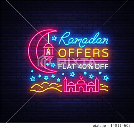 Ramadan Sale neon sign vector. Ramadan Kareem Web design banner in a modern trendic style for image of your product, a light banner, nightly bright advertising of holiday discounts. Vector Ramadan Sale neon sign vector. Ramadan Kareem Web design banner in a modern trendic style for image of your product, a light banner, nightly bright advertising of holiday discounts. Vector 140114602