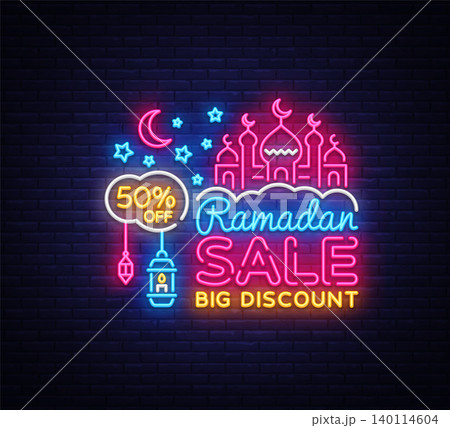 Ramadan Kareem sale offer neon. Ramadan Holiday discounts vector illustration design template in modern trend style, neon style, light banner for shop, nightly bright advertising discounts Ramadan Kareem sale offer neon. Ramadan Holiday discounts vector illustration design template in modern trend style, neon style, light banner for shop, nightly bright advertising discounts 140114604