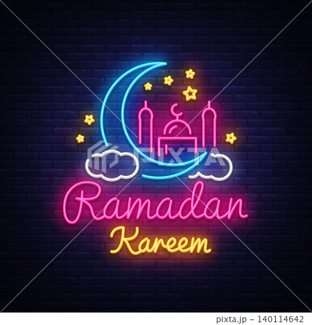 Ramadan Kareem neon sign. Ramadan Kareem vector banner in neon style, night bright signboard, celebration of Muslim community festival, islamic greeting design, greeting card, advertising 140114642