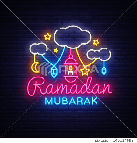 Ramadan Mubarak Greeting Card Vector. Ramadan Mubarak neon sign, neon banner. Month of fasting for Muslims, Muslim holiday of holy month Ramadan Karim. Islamic design vector Ramadan Mubarak Greeting Card Vector. Ramadan Mubarak neon sign, neon banner. Month of fasting for Muslims, Muslim holiday of holy month Ramadan Karim. Islamic design vector 140114698