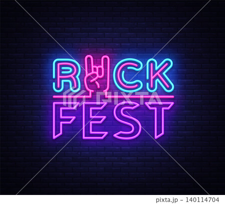 Rock Fest logo in neon style. Rock Festival neon night sign, design template vector illustration for Rock Festival, Concert, Live music, Light banner. Vector illustration Rock Fest logo in neon style. Rock Festival neon night sign, design template vector illustration for Rock Festival, Concert, Live music, Light banner. Vector illustration 140114704