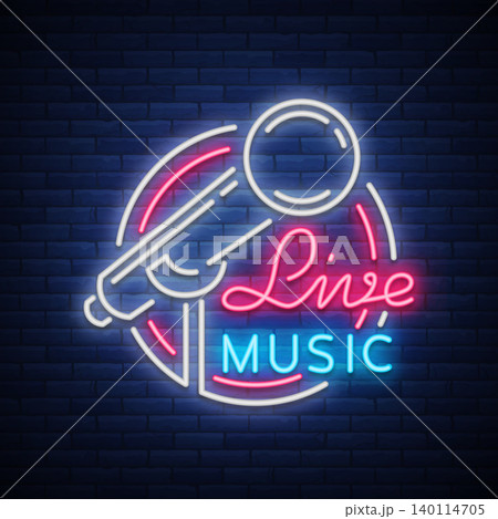 Live musical vector neon logo, sign, emblem, symbol poster with microphone. Bright banner poster, neon bright sign, nightlife club advertising, karaoke, bar and other institutions with music Live musical vector neon logo, sign, emblem, symbol poster with microphone. Bright banner poster, neon bright sign, nightlife club advertising, karaoke, bar and other institutions with music 140114705