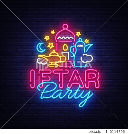 Iftar Party invitation card vector illustration. Iftar Party Festive Illustration Design template in modern neon style, Muslim holiday of holy month Ramadan Karim. Neon sign vector 140114706