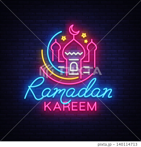 Ramadan Kareem neon sign vector, leaflet design template concept of lines with colored crescent and mosque, Islamic banner background design, neon symbol, modern trend design, Islamic holiday vector Ramadan Kareem neon sign vector, leaflet design template concept of lines with colored crescent and mosque, Islamic banner background design, neon symbol, modern trend design, Islamic holiday vector 140114713