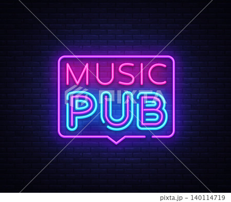 Music Pub neon sign vector. Live Music design template neon sign, light banner, neon signboard, nightly bright advertising, light inscription. Vector illustration 140114719