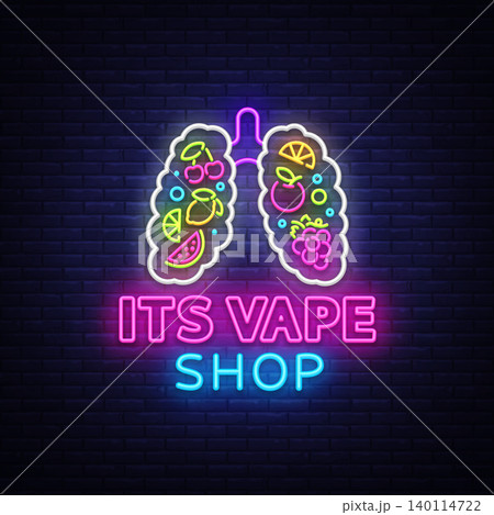 Vape shop neon sign vector. Vaping Store Logo Emblem Neon, Its Vape Shop Concept With Lungs and Fruits, Fighting Smoking. Trendy designer elements for print and advertising t-shirts. Vector 140114722