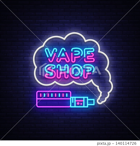 Vape Shop Logo Neon Vector. Vape neon sign design template on theme electronic cigarettes, light banner, night bright advertising for Vaping store, Trendy modern design. Vector Illustration 140114726