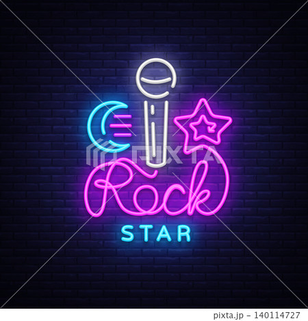 Rock Star Neon Sign Vector. Rock Star logo vector design template, nightlife, live music, karaoke, light banner, night bright neon advertising for nightclub, pub, bar. Vector illustration 140114727
