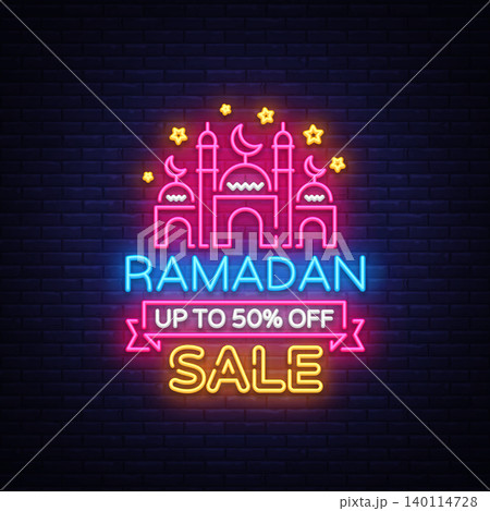 Ramadan Sale neon sign vector. Ramadan Kareem Web design banner in a modern trendic style for image of your product, a light banner, nightly bright advertising of holiday discounts. Vector Ramadan Sale neon sign vector. Ramadan Kareem Web design banner in a modern trendic style for image of your product, a light banner, nightly bright advertising of holiday discounts. Vector 140114728